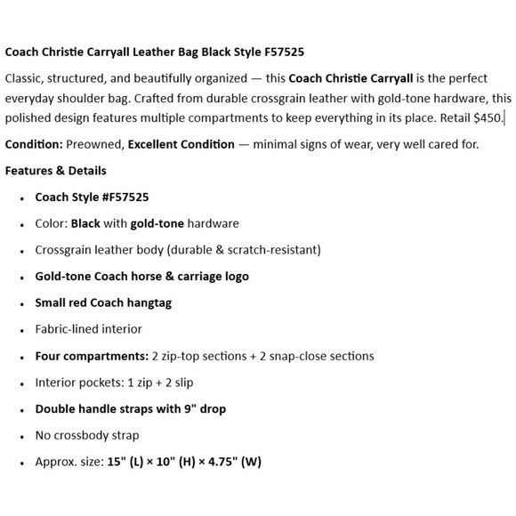 Coach Christie Carryall Leather Bag Black Style F57525 - Picture 2 of 8